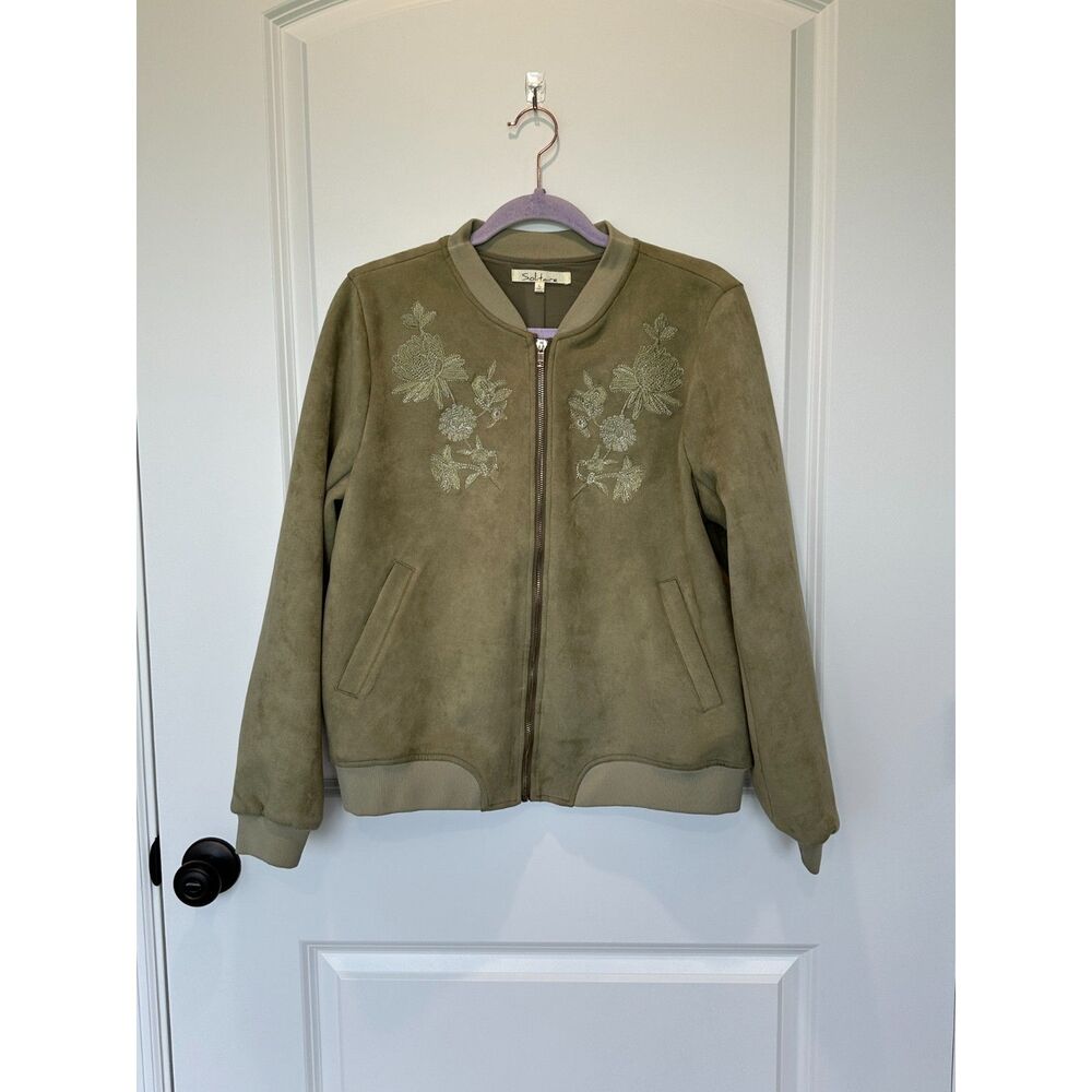 Solitare Tan Faux Suede Embroidered Bomber Jacket Size Large